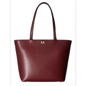 Michael Kors Tote Bag Womens Large Burgundy Leather MK Logo Zip Shoulder Purse